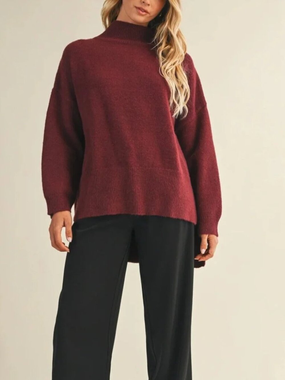 Mustard Seed Oversized Mock Neck High Low Sweater - Burgundy - Picture 3 of 15